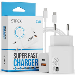 Strex USB Oplader 25W - Snellader met USB-A & USB-C - GaN - Wit – PD 3.0 + QC 3.0 - Inclusief USB-C Kabel