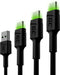 GREEN CELL GC Ray - USB-C kabel set - 3x 30cm 120cm 200cm met LED verlichting fast charging QC 3.0 - Zwart (3 stuks)