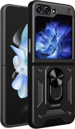 Lunso - Geschikt voor Samsung Galaxy Z Flip5 - Armor backcover hoes met ringhouder - Zwart