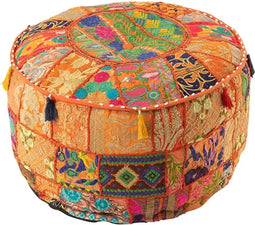 J-Line poef Rond Patronen + Kwasten - katoen - oranje