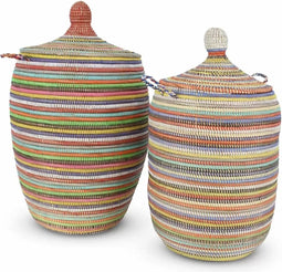 Rieten Wasmand met Deksel Zeegras Multi-Kleur Gestreept - Ø 45 x 60cm