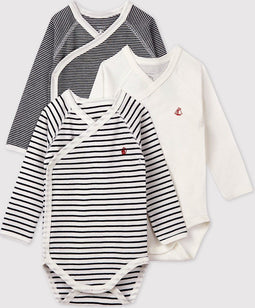 Petit Bateau - Trio babyrompertjes - Lange mouwen - Wit/Blauw + Blauw/Wit + Wit
