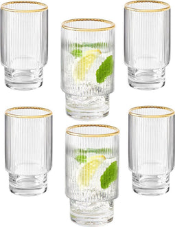 Ripple longdrinkglazen - Goude rand - 6 Delig Set -295 ml - Origami-stijl - glazen beker - Ripple vintage glaswerk