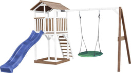 AXI Beach Tower Speeltoestel in Bruin/Wit - Speeltoren met Summer Nestschommel, Blauwe Glijbaan en Zandbak - FSC hout - Speelhuis op palen voor de tuin