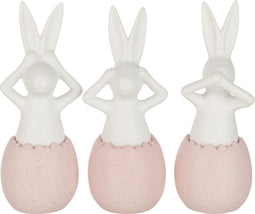 J-Line figuur Konijn Horen/Zien/Zwijgen - keramiek - roze - small - 3 stuks - paasdecoratie