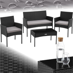 tectake® Wicker tuinset Palese - Zitgroep voor 4 personen - Loungebank met tuintafel en 2 tuinstoelen - Waterafstotend - Zwart