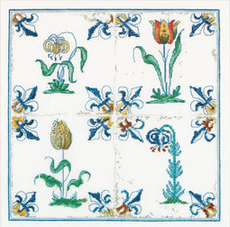 Thea Gouverneur - Borduurpakket met telpatroon - 485A - Voorgesorteerde DMC Garens - Delfts Blauwe Tegels Bloemen - Aida - 28 cm x 28 cm - DIY Kit