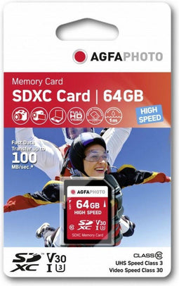 AgfaPhoto SDXC - Geheugenkaart 64GB - Max. leessnelheid 100MB/s - Max. schrijfsnelheid 50MB/s - Class 10 UHS-I V30