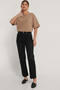 NA-KD Straight High Waist Jeans - Ruwe Zomen - Washed Black - Maat EU 44