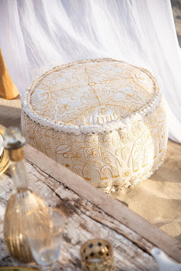 J-Line poef Rond Olifanten + Spiegels - katoen - creme/goud - large