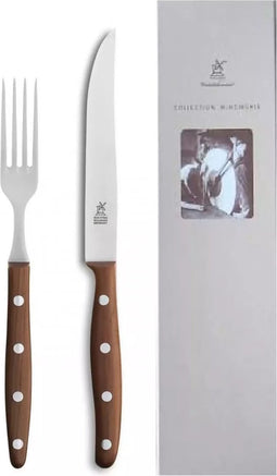 Robert Herder Windmühle Steakvork en Steakmes - RVS - Fijne Kartel - Lemmet 12.5 cm - Heft Pruimenhout