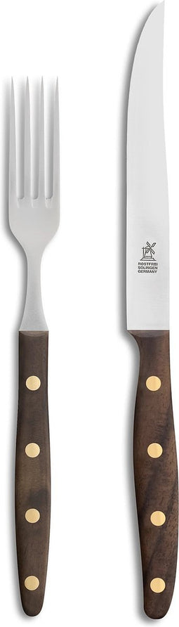 Robert Herder Windmühle Steakvork en Steakmes - RVS - Glad - Lemmet 12.5 cm - Heft Walnotenhout