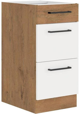 ROCK - Lage kast - Lancelot eiken en glanzend wit melamine - 40 cm - 3 laden - Werkblad niet inbegrepen