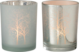 J-Line windlicht Boom - glas - wit/zilver - medium - 2 stuks