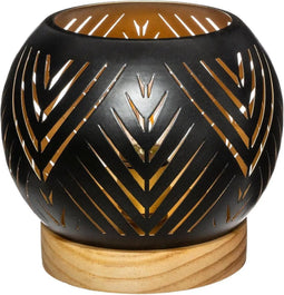 Ronde LED lantaarn - Exotische uitstraling - Ø14.5 cm - Houten voet - Metaal