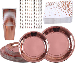 Rose Gold Party Servies Set Papieren Wegwerpservies 10 Feestborden 9 inch + 10 Papieren Borden 7 inch + 10 Papieren Bekers + 10 Rietjes + 10 Papieren Servetten Wegwerp Verjaardagsfeestje Bruiloft Voor 10 Gasten