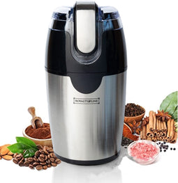 Royalty Line® CGE200 Elektrische Koffiemolen - 200W - Koffiebonen Maler - 70gr Bonenmaler met RVS Messen - BPA Vrij Coffee Grinder - Kruidenmolen Voor Kruiden, Noten & Specerijen - RVS / Zwart