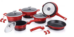 Royalty Line Inductie Pannenset - Luxe 14-delige Pannenset Marmeren Coating - Pannen Met Afneembare Handvaten - Oven-Ready - PFAS-Vrij - Voor Alle Warmtebronnen - Afneembare Koudgrepen - Antiaanbaklaag - Koekenpan Met Glazen Deksels - Rood/Zwart