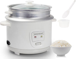 Royalty Line® RC18 Rijstkoker Met Stomer - 1.8 Liter Rice Cooker - RVS Stoommand - PFAS Vrij - Onderdelen Vaatwasserbestendig - Warmhoudfunctie - Wit