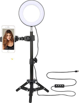 6 '' selfie-ringlicht met statief, usb stroomkabel en mobiele telefoonhouder voor livestream-make-up YouTube-videoportretfotografie - mini-LED-camera-ringlicht met balhoofd voor iPhone 11 Xs Max XR - Beauty Light 3 lichtmodi dimbaar + Tripod