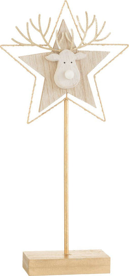 J-Line kerstdecoratie Rendier/Ster op voet - hout - goud/wit - large - LED lichtjes