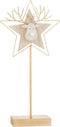 J-Line kerstdecoratie Rendier/Ster op voet - hout - goud/wit - large - LED lichtjes