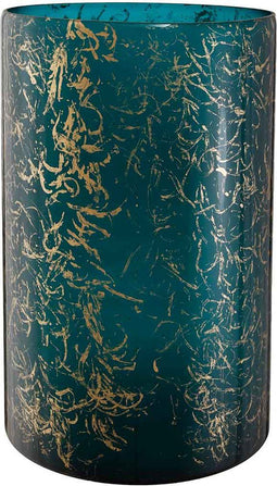 PTMD Silvy Rond Windlicht - H35 x Ø22 cm - Glas - Turquoise/goud