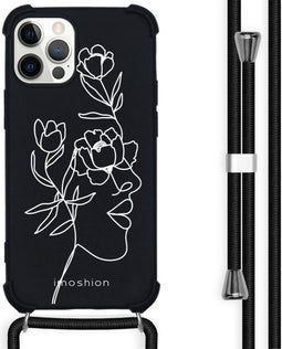 iMoshion Hoesje Geschikt voor iPhone 12 Pro / 12 Hoesje Met Koord - iMoshion Design Hoesje met Koord - Wit / Zwart / Woman Flower Black
