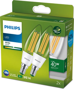 Philips Ultra Efficient LED kaarslamp Transparant - 40 W - E14 - Wit licht - 2-pack - Bespaar op energiekosten