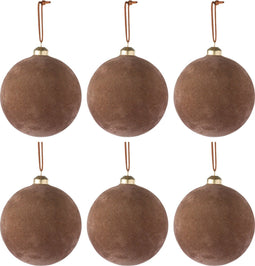 J-Line kerstbal - fluweel/glas - bruin - small - doos van 6