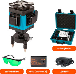 Kruislijnlaser 16 lijnen incl. accessoire koffer - bouwlaser zelfnivellerend - kruislijnlaser zelfnivellerend - kruislaser - rotatielaser - laserwaterpas - lijnlaser - oplaadbare accu - laser rood - met beschermbril en opberg box