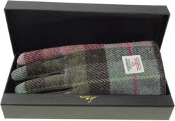 Dames Handschoenen Gedempt Groen en Paars met bruin leer - Harris Tweed - Glen Appin of Scotland