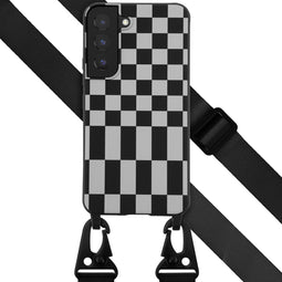 Selencia Hoesje Geschikt voor Samsung Galaxy S22 Hoesje Met Koord - Selencia Siliconen design hoesje met afneembaar koord - Zwart / Irregular Check Black
