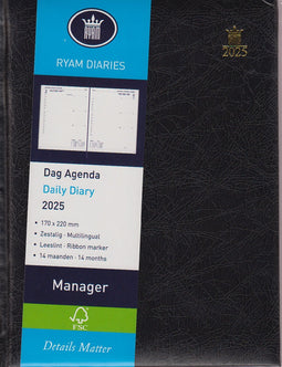 Ryam bureau agenda 2025 manager 1dag/1pagina mundior zwart 170x220mm