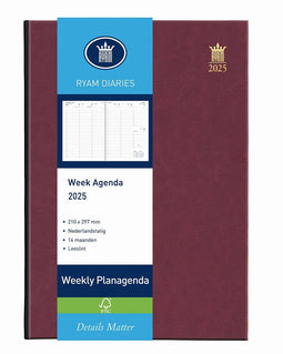 Ryam | Bureau agenda | Weekly Wit NL Mundior | 2025 | Genaaid gebonden | A4 | 14 mnd | Bordeaux |
