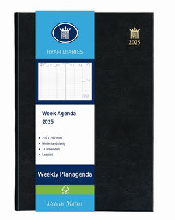 Ryam | Bureau agenda | Weekly Wit NL Mundior | 2025 | Genaaid gebonden | A4 | 14 mnd | Zwart |