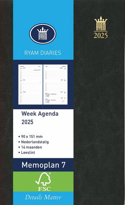 Ryam Zakagenda 2025 Memoplan 7 ZWART met Harde Kaft (9cm x 15.1cm)