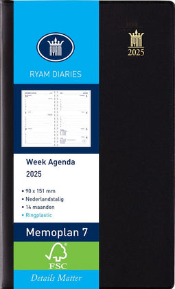 Ryam Zakagenda 2025 Memoplan 7 ZWART Zachte Kaft met Spiraal (9cm x 16cm)