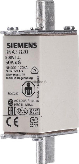 Siemens 3NA3820 NH-zekering Afmeting zekering : 000 50 A 500 V/AC, 250 V/AC 3 stuk(s)