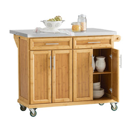 SoBuy Keukeneiland - Keukenwagen - Bamboe MDF RVS - licht bruin - 115x92x46-71cm
