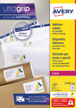 Avery L7160, Adresetiketten, Laser, Ultragrip, wit, 250 vellen, 21 per vel, 63,5 x 38,1 mm