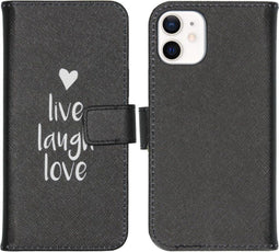 iMoshion Hoesje Geschikt voor iPhone 12 Mini Hoesje Met Pasjeshouder - iMoshion Design Softcase Bookcase - Wit / Zwart / Live Laugh Love