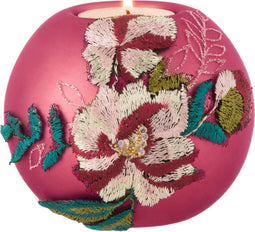 J-Line theelichthouder Geborduurde Bloem - glas - roze - 4 stuks