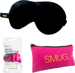 SMUG Slaapmasker met Roze Oordopjes en Opbergzakje - 100% Verduisterend - Verstelbaar Oogmasker in Satijn - Zwart