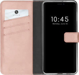 Selencia Hoesje Geschikt voor iPhone 13 Mini Hoesje Met Pasjeshouder - Selencia Echt Lederen Bookcase - Roze
