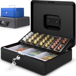 ACROPAQ Geldkistje - Geldkist met sleutel, 30 x 24 x 9 cm, Metaal - Geldkluis met muntsorteerder, Geldlade - Zwart