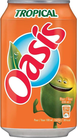 Oasis Tropical vruchtenlimonade, blik van 33 cl, pak van 24 stuks