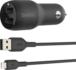 Belkin BoostCharge - Dual USB-A Autolader 24W - 2 Poorten + USB-A naar Lightning Kabel - Zwart