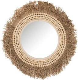 Safaary - J-Line Spiegel Rond Parels Alabasia Hout Raffia Naturel Large Beni - 84x84 CM