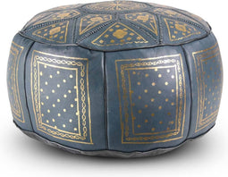 Safaary - Marokkaanse Poef Leer Jeansblauw met Goud Rond